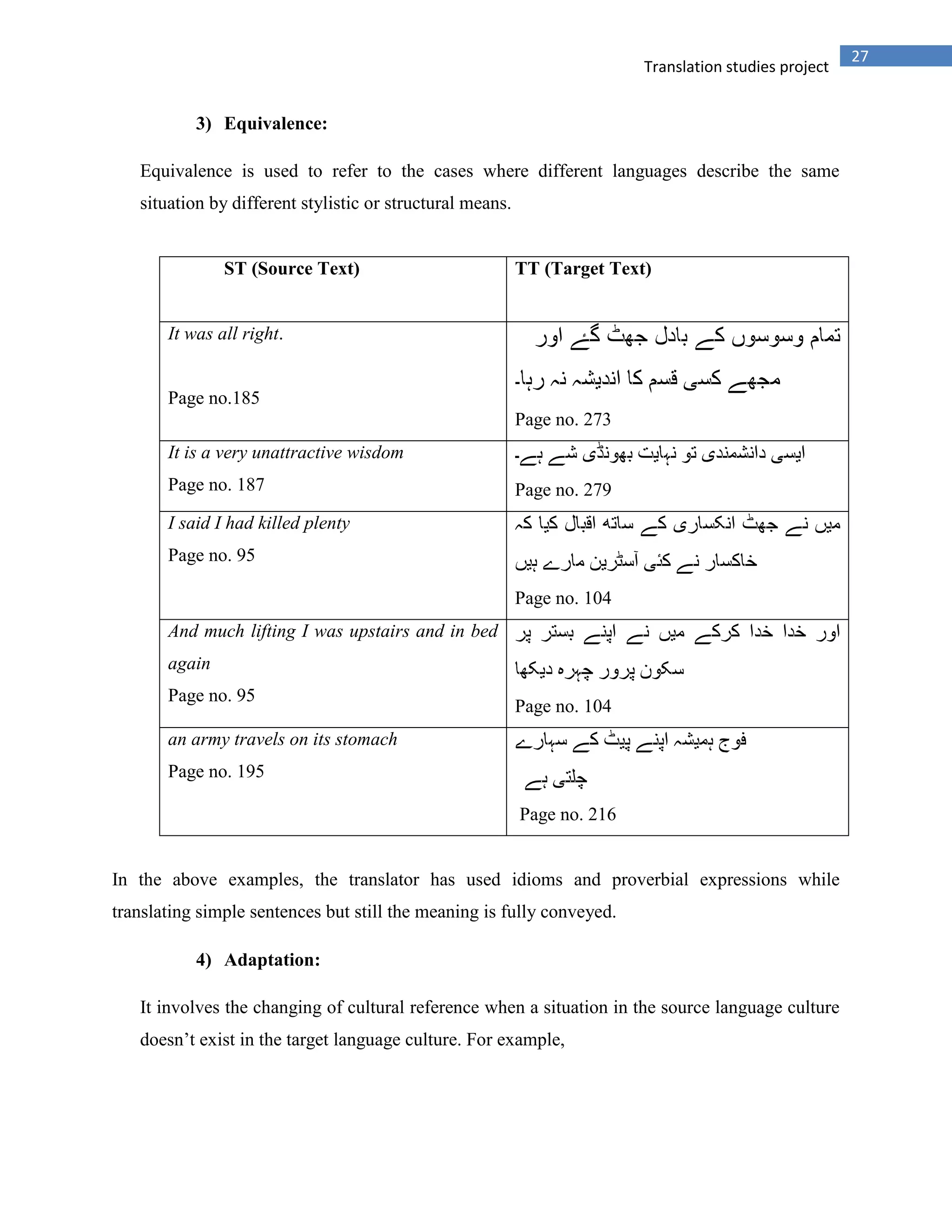 27
Translation studies project
3) Equivalence:
Equivalence is used to refer to the cases where different languages describe the same
situation by different stylistic or structural means.
ST (Source Text) TT (Target Text)
It was all right.
Page no.185
Page no. 273
It is a very unattractive wisdom
Page no. 187 Page no. 279
I said I had killed plenty
Page no. 95
Page no. 104
And much lifting I was upstairs and in bed
again
Page no. 95
Page no. 104
an army travels on its stomach
Page no. 195
Page no. 216
In the above examples, the translator has used idioms and proverbial expressions while
translating simple sentences but still the meaning is fully conveyed.
4) Adaptation:
It involves the changing of cultural reference when a situation in the source language culture
doesn‟t exist in the target language culture. For example,
 