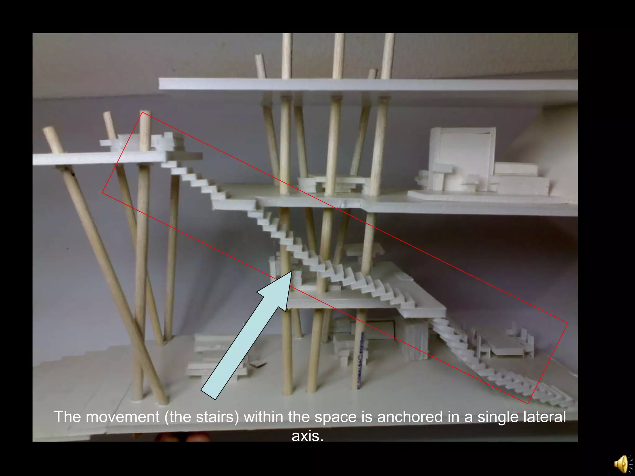 The movement (the stairs) within the space is anchored in a single lateral axis.  