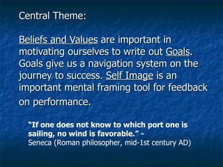Central Theme:  Beliefs and Values  are important in motivating ourselves to write out  Goals . Goals give us a navigation system on the journey to success.  Self Image  is an important mental framing tool for feedback on performance.   “ If one does not know to which port one is sailing, no wind is favorable.” -  Seneca (Roman philosopher, mid-1st century AD)   
