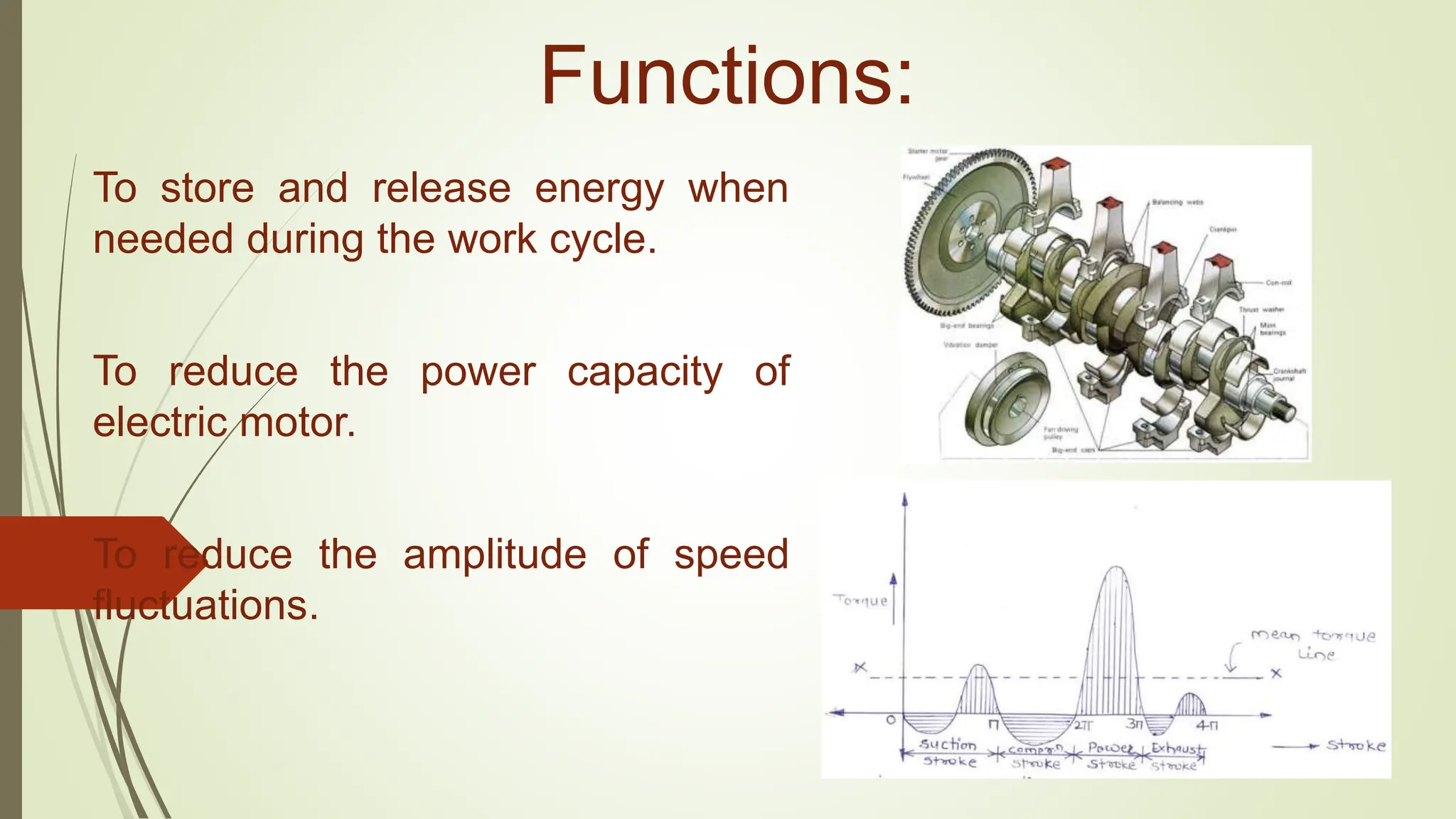 Functions:
To store and release energy when
needed during the work cycle.
To reduce the power capacity of
electric motor.
To reduce the amplitude of speed
fluctuations.
 