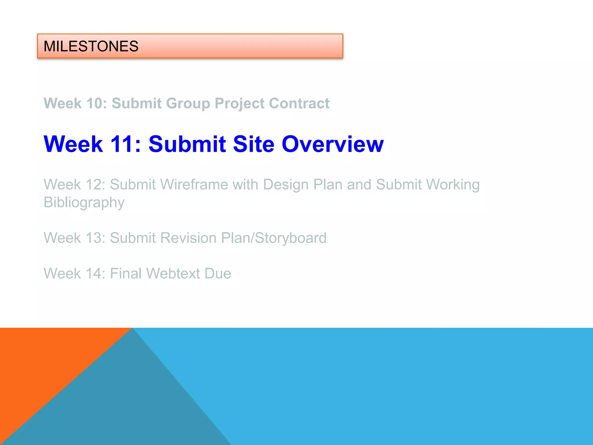 MILESTONESWeek 10: Submit Group Project ContractWeek 11: Submit Site OverviewWeek 12: Submit Wireframe with Design Plan and Submit Working BibliographyWeek 13: Submit Revision Plan/Storyboard Week 14: Final Webtext Due