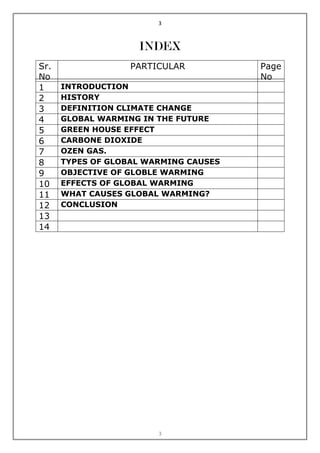 3



                    INDEX
Sr.                PARTICULAR          Page
No                                     No
1     INTRODUCTION
2     HISTORY
3     DEFINITION CLIMATE CHANGE
4     GLOBAL WARMING IN THE FUTURE
5     GREEN HOUSE EFFECT
6     CARBONE DIOXIDE
7     OZEN GAS.
8     TYPES OF GLOBAL WARMING CAUSES
9     OBJECTIVE OF GLOBLE WARMING
10    EFFECTS OF GLOBAL WARMING
11    WHAT CAUSES GLOBAL WARMING?
12    CONCLUSION
13
14




                        3
 