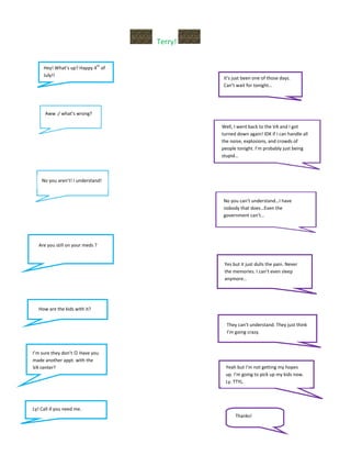 Learning Artifact 2
                                   Terry!
                                                    ~Faux Texts~

                              th
     Hey! What’s up? Happy 4 of
     July!!
                                            It’s just been one of those days.
                                            Can’t wait for tonight…




       wrong?
      Aww :/ what’s wrong?

      s                                     Well, I went back to the VA and I got
                                            turned down again! IDK if I can handle all
                                            the noise, explosions, and crowds of
                                            people tonight. I’m probably just being
                                            stupid…



    No you aren’t! I understand!


                                            No you can’t understand…I have
                                            nobody that does…Even the
                                            government can’t…




  Are you still on your meds ?


                                             Yes but it just dulls the pain. Never
                                             the memories. I can’t even sleep
                                             anymore…




  How are the kids with it?


                                              They can’t understand. They just think
                                              I’m going crazy.



I’m sure they don’t  Have you
made another appt. with the
VA center?                                   Yeah but I’m not getting my hopes
                                             up. I’m going to pick up my kids now.
                                             Ly. TTYL.




Ly! Call if you need me.
                                                  Thanks!
 