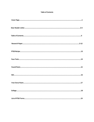 Table of Contents



Cover Page…………………………………………………………………………………………………………………………………………1



Dear Reader Letter………………………………………………………………………………………………………………………....2-3



Table of Contents………………………………………………………………………………………………………………………………4



Research Paper…………………………………………………………………………………………………………………….………5-12



PTSD Recipe……………………………………………………………………………………………………………………………………..13



Faux Texts………………………………………………………………………………………………………………………………….…….14



Found Poem…………………………………………………………………………………………………………………………………....15



Skit…………………………………………………………………………………………………………………………………………………..16



Free Verse Poem……………………………………………………………………………………………………………………………..17



Collage………………………………………………………………………………………………………………………………………..……18



List of PTSD Terms……………………………………………………………………………………………………………………………19
 