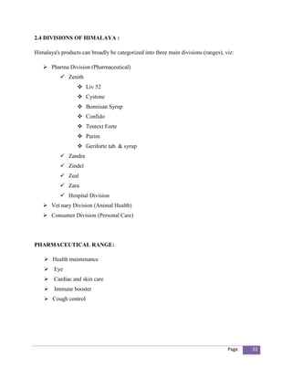 2.4 DIVISIONS OF HIMALAYA :

Himalaya's products can broadly be categorized into three main divisions (ranges), viz:

    Pharma Division (Pharmaceutical)
            Zenith
                   Liv 52
                   Cystone
                   Bonnisan Syrup
                   Confido
                   Tentext Forte
                   Purim
                   Geriforte tab. & syrup
            Zandra
            Zindel
            Zeal
            Zara
            Hospital Division
    Vet nary Division (Animal Health)
    Consumer Division (Personal Care)




PHARMACEUTICAL RANGE:

     Health maintenance
     Eye
     Cardiac and skin care
     Immune booster
     Cough control




                                                                                    Page   32
 