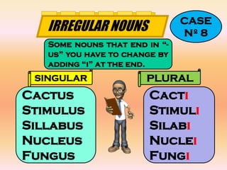 CASE
  IRREGULAR NOUNS              Nº 9
  Some nouns that end in “-
  a” you have to add “-e” in
  the end.
 SINGULAR    ...
