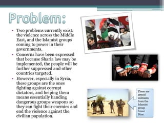 • Two problems currently exist:
the violence across the Middle
East, and the Islamist groups
coming to power in their
governments.
• Concerns have been expressed
that because Sharia law may be
implemented, the people will be
further suppressed and other
countries targeted.
• However, especially in Syria,
these groups are the ones
fighting against corrupt
dictators, and helping them
means essentially handing
dangerous groups weapons so
they can fight their enemies and
end the violence against the
civilian population.
These are
armed
militants
from the
Islamist
group
Ansar
Dine.
 