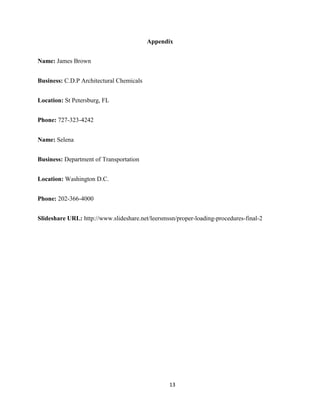 Appendix
Name: James Brown
Business: C.D.P Architectural Chemicals
Location: St Petersburg, FL
Phone: 727-323-4242
Name: Selena
Business: Department of Transportation
Location: Washington D.C.
Phone: 202-366-4000
Slideshare URL: http://www.slideshare.net/leersmssn/proper-loading-procedures-final-2

13

 