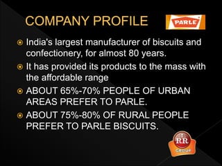  India's largest manufacturer of biscuits and
confectionery, for almost 80 years.
 It has provided its products to the mass with
the affordable range
 ABOUT 65%-70% PEOPLE OF URBAN
AREAS PREFER TO PARLE.
 ABOUT 75%-80% OF RURAL PEOPLE
PREFER TO PARLE BISCUITS.
 