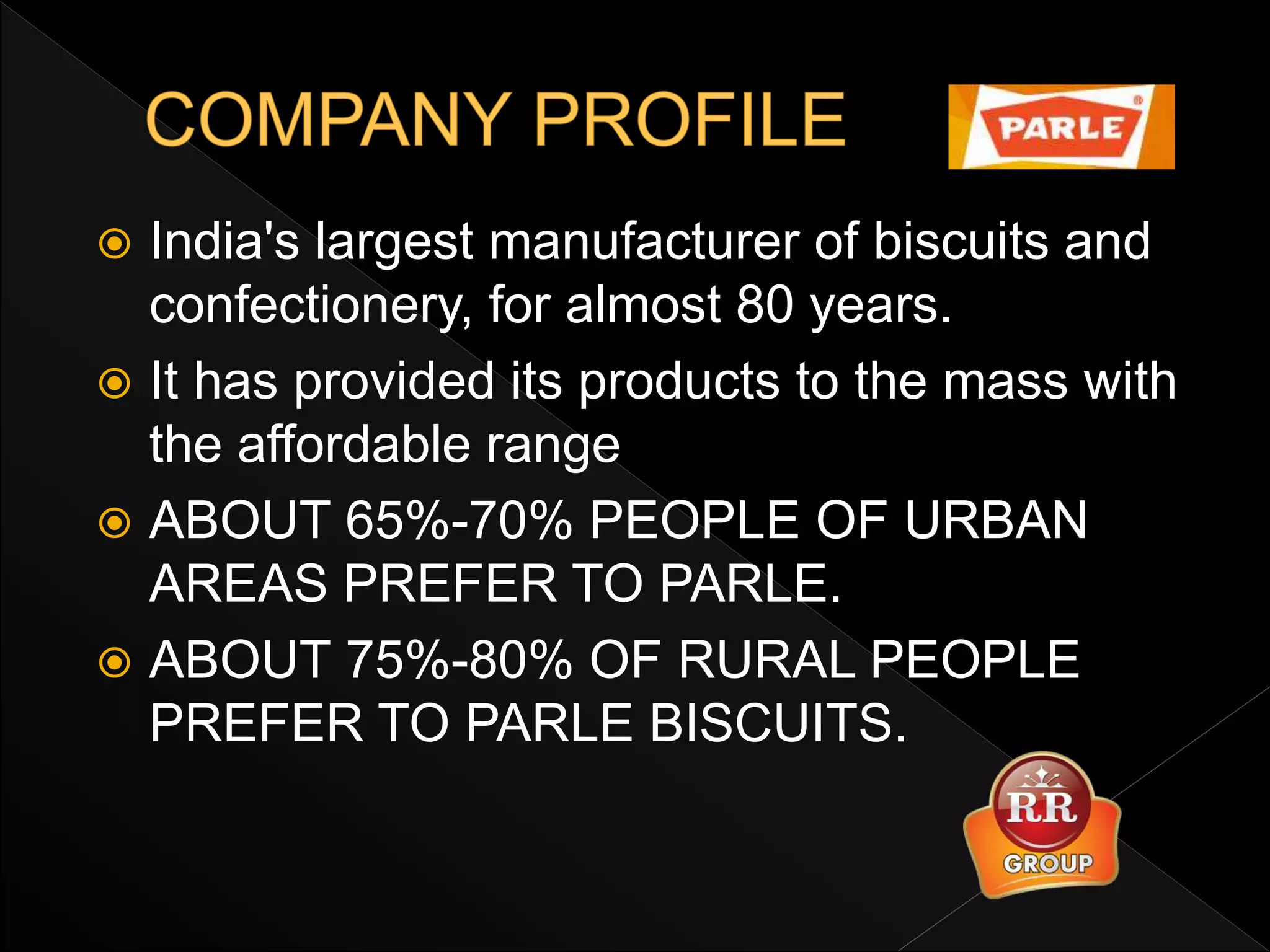  India's largest manufacturer of biscuits and
confectionery, for almost 80 years.
 It has provided its products to the mass with
the affordable range
 ABOUT 65%-70% PEOPLE OF URBAN
AREAS PREFER TO PARLE.
 ABOUT 75%-80% OF RURAL PEOPLE
PREFER TO PARLE BISCUITS.
 