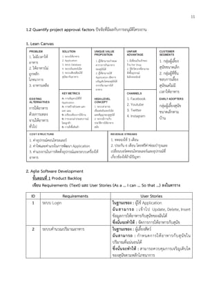 11
1.2 Quantify project approval factors ปัจจัยที่มีผลกับการอนุมัติโครงงาน
1. Lean Canvas
2. Agile Software Development
2. Agile Software Development
ขั้นตอนที่ 1 Product Backlog
เขียน Requirements (Text) และ User Stories (As a … I can … So that …) ลงในตาราง
ID Requirements User Stories
1 ระบบ Login ในฐานะของ : ผู้ใช้ Application
ฉันสามารถ : เข้าไป Update, Delete, Insert
ข้อมูลการให้อาหารกับสุนัขของฉันได้
ซึ่งนั่นจะทาให้ : จัดการการให้อาหารกับสุนัข
2 ระบบคานวณปริมาณอาหาร ในฐานะของ : ผู้เลี้ยงสัตว์
ฉันสามารถ : กาหนดการให้อาหารกับสุนัขใน
ปริมาณที่แน่นอนได้
ซึ่งนั่นจะทาให้ : สามารถควบคุมการเจริญเติบโต
ของสุนัขตามหลักโภชนาการ
1. ไม่มีเวลาให้
อาหาร
2. ให้อาหารไม่
ถูกหลัก
โภชนาการ
3. อาหารเหลือ
1. ระบบให้อาหาร
2. Application
3. ระบบ Database
4. ระบบอินเทอร์เน็ต
5. ระบบเสียงเตือนให้
สุนัขมากินอาหาร
1. ผู้ใช้สามารถกาหนด
ตารางการกินอาหาร
ของสุนัขได้
2. ผู้ใช้สามารถใช้
Application เช็คการ
เจริญเติบโตของสุนัขได้
จากปริมาณการให้
อาหาร
1. มีเพื่อนเป็นเจ้าของ
ร้าน Pet Shop
2. รู้จักวิศวกรที่สามารถ
สั่งซื้ออุปกรณ์
อิเล็กทรอนิกส์
1. กลุ่มผู้เลี้ยง
สุนัขขนาดเล็ก
2. กลุ่มผู้ที่ชื่น
ชอบการเลี้ยง
สุนัขแต่ไม่มี
เวลาให้อาหาร
กลุ่มผู้เลี้ยงสุนัข
ขนาดเล็กตาม
บ้าน
1. Facebook
2. Youtube
3. Twitter
4. Instagram
1. ระบบสามารถ
เชื่อมต่ออินเทอร์เน็ต
และสัญญาณบลูทูธได้
2. ระบบมีการเก็บ
ประวัติการให้อาหาร
สุนัข
การให้อาหาร
ด้วยการเทลง
จานให้อาหาร
ทั่วไป
A: การเชิญชวนให้ใช้
Application
A: การสร้างส่วนลด แลก
แจก แถม
R: เปรียบเทียบการใช้งาน
R: การบอกเล่าประสบการณ์
โดยลูกค้า
R: การสั่งซื้อสินค้า
1. ค่าอุปกรณ์คอนโทรลเลอร์
2. ค่าไฟและค่าแรงในการพัฒนา Application
3. ค่าแรงงานในการติดตั้งอุปกรณ์และระบบเครื่องให้
อาหาร
1. ทดลองใช้ 3 เดือน
2. ประกัน 6 เดือน โดยฟรีค่าซ่อมบารุงและ
เปลี่ยนบอร์ดคอนโทรลเลอร์และอุปกรณ์ที่
เกี่ยวข้องให้ถ้ามีปัญหา
 