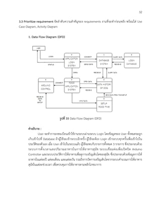 32
3.3 Prioritize requirement จัดลาดับความสาคัญของ requirements งานที่จะทาก่อนหลัง พร้อมใส่ Use
Case Diagram, Activity Diagram
1. Data Flow Diagram (DFD)
รูปที่ 35 Data Flow Diagram (DFD)
คาอธิบาย :
User จะทาการลงทะเบียนเข้าใช้งานระบบผ่านระบบ Login โดยข้อมูลของ User ทั้งหมดจะถูก
เก็บเข้าไปที่ Database ถ้าผู้ใช้จะเข้าระบบอีกครั้ง ผู้ใช้จะต้อง Login เข้าระบบทุกครั้งเพื่อเข้าไปใน
ประวัติของตัวเอง เมื่อ User เข้าไปในระบบแล้ว ผู้ใช้จะพบกับรายการทั้งหมด 3 รายการ ซึ่งประกอบด้วย
ระบบการตั้งเวลาและปริมาณอาหารในการให้อาหารสุนัข ระบบเชื่อมต่อเพื่อเปิดปิด Arduino
Controller และระบบประวัติการให้อาหารเพื่อดูการเจริญเติบโตของสุนัข ซึ่งประกอบด้วยข้อมูลการให้
อาหารในแต่ละปี แต่ละเดือน และแต่ละวัน รวมถึงการวัดการเจริญเติบโตจากระบบคานวณการให้อาหาร
สุนัขในแต่ละช่วงเวลา เพื่อควบคุมการให้อาหารตามหลักโภชนาการ
 