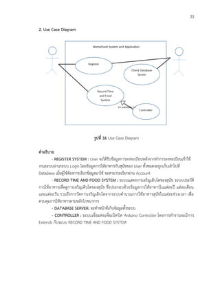 33
2. Use Case Diagram
รูปที่ 36 Use Case Diagram
คาอธิบาย
- REGISTER SYSTEM : User จะได้รับข้อมูลการลงทะเบียนหลังจากทาการลงทะเบียนเข้าใช้
งานระบบผ่านระบบ Login โดยข้อมูลการให้อาหารกับสุนัขของ User ทั้งหมดจะถูกเก็บเข้าไปที่
Database เมื่อผู้ใช้ต้องการเรียกข้อมูลมาใช้ จะสามารถเรียกผ่าน Account
- RECORD TIME AND FOOD SYSTEM : ระบบแสดงการเจริญเติบโตของสุนัข ระบบประวัติ
การให้อาหารเพื่อดูการเจริญเติบโตของสุนัข ซึ่งประกอบด้วยข้อมูลการให้อาหารในแต่ละปี แต่ละเดือน
และแต่ละวัน รวมถึงการวัดการเจริญเติบโตจากระบบคานวณการให้อาหารสุนัขในแต่ละช่วงเวลา เพื่อ
ควบคุมการให้อาหารตามหลักโภชนาการ
- DATABASE SERVER: จะทาหน้าที่เก็บข้อมูลทั้งระบบ
- CONTROLLER : ระบบเชื่อมต่อเพื่อเปิดปิด Arduino Controller โดยการทางานจะมีการ
Extends กับระบบ RECORD TIME AND FOOD SYSTEM
 