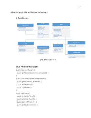 37
4.2 Design application architecture and software
1. Class Diagram
รูปที่ 39 Class Diagram
Java Android Functions
public class loginSystem {
public getAccount(username, password) { }
}
public class profile extends loginSystem {
public getAccountToDatabase() { }
public addAccount() { }
public btnMenu() { }
}
public class Menu {
public btnSettingTime() { }
public btnHistoryFood() { }
public connectArduino() { }
public btnDogCollection() { }
 