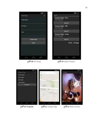 45
รูปที่ 58 Pet Shop รูปที่ 59 Order Product
รูปที่ 60 Hospital รูปที่ 61 Google Map รูปที่ 62 Web Camera
 