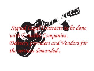 Signed Legal Contracts to be done
with E-wallet Companies ,
Delivery providers and Vendors for
the services demanded .
 