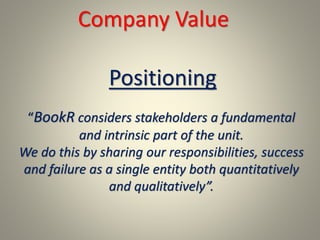 Company Value
“BookR considers stakeholders a fundamental
and intrinsic part of the unit.
We do this by sharing our responsibilities, success
and failure as a single entity both quantitatively
and qualitatively”.
Positioning
 