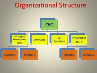 CEO
VP Product
Development
SBU 1
Manager 1 Manager 2
VP Finance
VP
Operations
VP Marketing
SBU 2
Manager 1 Manager 2
Organizational Structure
 