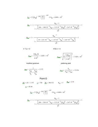 Se 2.7 Sut 
.265 d3
.3






.107
 .5 Sut 4.899 10
3

Kf 1
Ktt 1
1
.246 3.08 10
3
 Sut 1.35 10
5
 Sut 2
 2.67 10
8
 Sut 3




r

 1
Kfs 1
Kts
1
1
.19 2.51 10
3
 Sut 1.35 10
5
 Sut
2
 2.67 10
8
 Sut
3




r

 1
if T.a = 0 if M.m = 0
σaf
32Kf M
π d3
3

2.029 10
3

σmf 3
16Kfs t
π d3
3







2
 3.929 10
3

modified goodman predicing yield
nff
1
σaf
Se
σmf
Sut

2.172
nyf
Sy
σaf σmf
11.916
Point O
Ktt 2.14
d4 d3 1.174 t 720 M 386.512 Kts 3
r .02 d4
Se 2.7 Sut 
.265 d4
.3






.107
 .5 Sut 4.899 10
3

Kf 1
Ktt 1
1
.246 3.08 10
3
 Sut 1.35 10
5
 Sut 2
 2.67 10
8
 Sut 3




r

 1
 