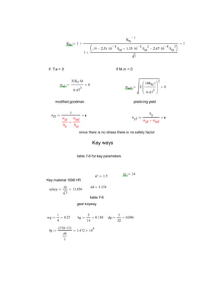 Kfs 1
Kts
1
1
.19 2.51 10
3
 Sut 1.35 10
5
 Sut
2
 2.67 10
8
 Sut
3




r

 1
if T.a = 0 if M.m = 0
σaf
32Kf M
π d7
3

0
σmf 3
16Kfs t
π d7
3







2
 0
modified goodman predicing yield
nff
1
σaf
Se
σmf
Sut


σaf
Se
σmf
Sut

nyf
Sy
σaf σmf

σaf σmf
since there is no stress there is no safety factor
Key ways
table 7-6 for key parameters
sy 24
sf 1.5
Key material 1006 HR
d4 1.174
sykey
sy
3
13.856
table 7-6
gear keyway
wg
1
4
0.25 hg
3
16
0.188 dg
3
32
0.094
fg
720 12( )
d4
2
1.472 10
4

 
