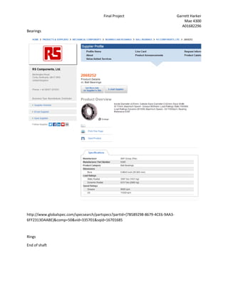 Final Project Garrett Harker
Mae 4300
A01682296
Bearings
http://www.globalspec.com/specsearch/partspecs?partId={7B589298-8679-4CE6-9AA3-
6FF2313DAABE}&comp=50&vid=335701&sqid=16701685
Rings
End of shaft
 