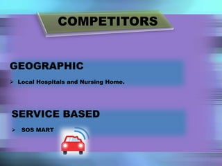 COMPETITORS
GEOGRAPHIC
 Local Hospitals and Nursing Home.
SERVICE BASED
 SOS MART
 