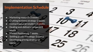 Implementation Schedule
● Marketing research-3 weeks
● Crafting business strategy-2 weeks
● Contacting Local retailers-3 weeks
● Dealing with delivery company-2
weeks
● Market Positioning-2 weeks
● Settling product strategy-3 weeks
● Developing pricing strategy-2
weeks
 