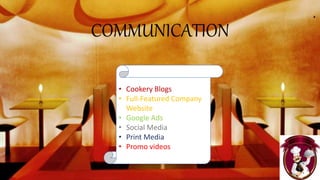 • Cookery Blogs
• Full-Featured Company
Website
• Google Ads
• Social Media
• Print Media
• Promo videos
COMMUNICATION
 