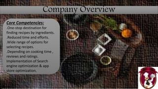 Company Overview
Core Competencies:
.One-stop destination for
finding recipes by ingredients.
.Reduced time and efforts.
.Wide range of options for
selecting recipes.
.Depending on cooking time ,
reviews and ratings.
Implementation of Search
engine optimization & app
store optimization.
 
