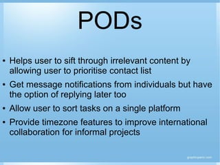● Helps user to sift through irrelevant content by
allowing user to prioritise contact list
● Get message notifications from individuals but have
the option of replying later too
● Allow user to sort tasks on a single platform
● Provide timezone features to improve international
collaboration for informal projects
PODs
 