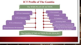 ICT Profile of The Gambia
The WSIS PLAN OF ACTION
ICTs in Education
ICTs in Communities
ICTs in Infrastructure
Human Resource Development
E-Government
E-Health
E-Commerce
Promoting R&D
Legal & Regulatory Framework
Private Sector Development
(Industry & Services)
The Gambia ICT4D ACTION PLAN 2014-2017
 