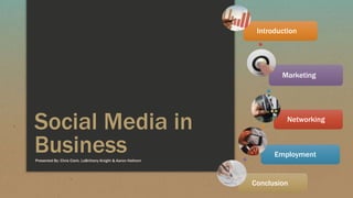 Social Media in
BusinessPresented By: Chris Clark, LaBrittany Knight & Aaron Hathorn
Conclusion
Employment
Networking
Marketing
Introduction
 