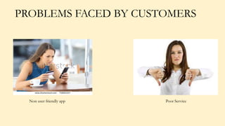 PROBLEMS FACED BY CUSTOMERS
Non user friendly app Poor Service
 