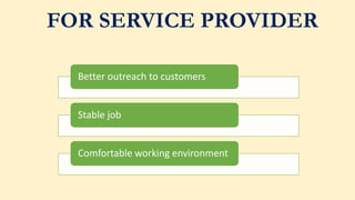 FOR SERVICE PROVIDER
Better outreach to customers
Stable job
Comfortable working environment
 