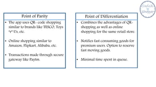 Point of Parity Point of Differentiation
• The app uses QR- code shopping
similar to brands like TESCO, Toys
“r” Us, etc.
• Online shopping similar to
Amazon, Flipkart, Alibaba, etc.
• Transactions made through secure
gateway like Paytm.
• Combines the advantages of QR-
shopping as well as online
shopping for the same retail store.
• Notifies fast consuming goods for
premium users. Option to reserve
fast moving goods.
• Minimal time spent in queue.
 