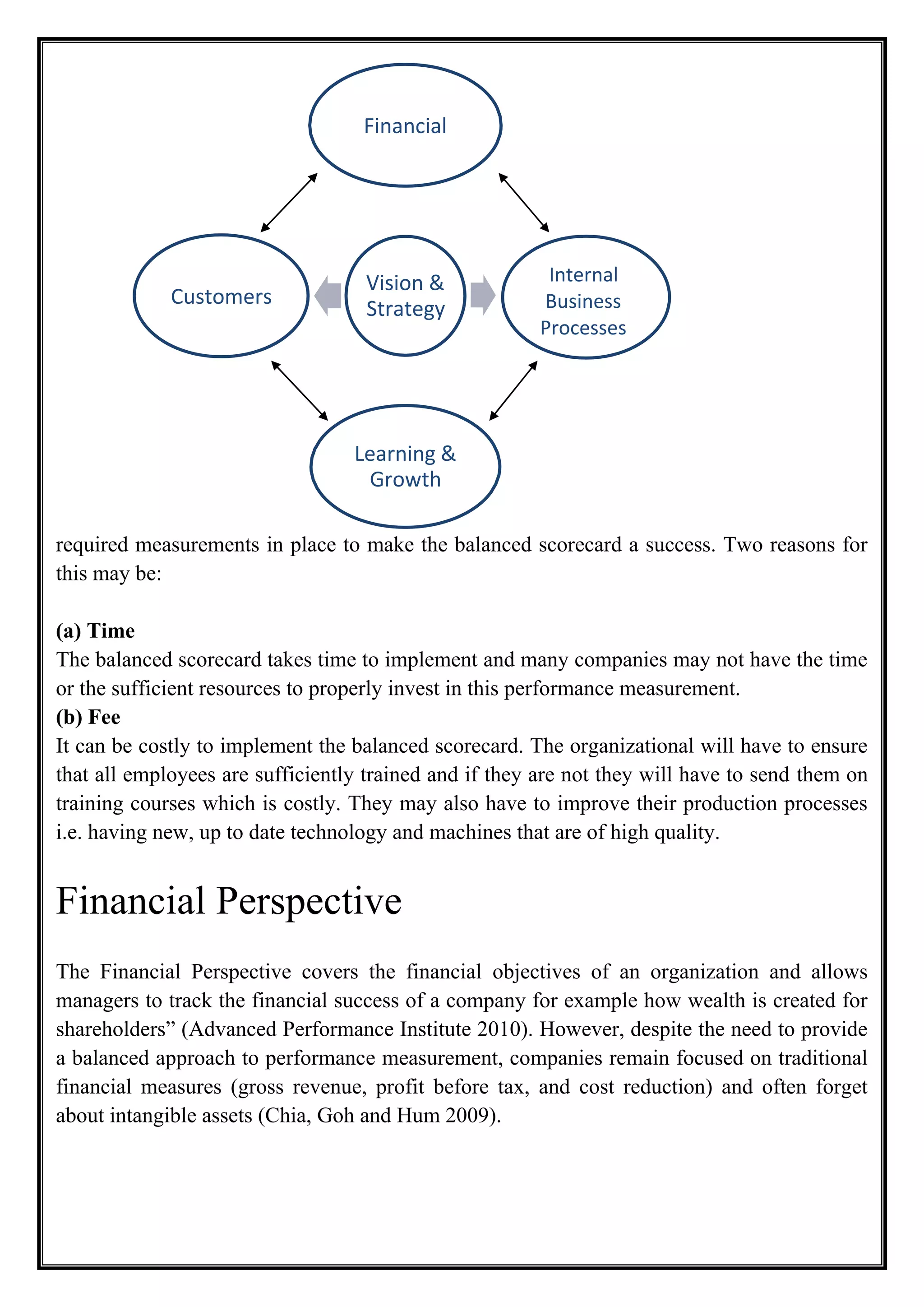 required measurements in place to make the balanced scorecard a success. Two reasons for
this may be:
(a) Time
The balanced scorecard takes time to implement and many companies may not have the time
or the sufficient resources to properly invest in this performance measurement.
(b) Fee
It can be costly to implement the balanced scorecard. The organizational will have to ensure
that all employees are sufficiently trained and if they are not they will have to send them on
training courses which is costly. They may also have to improve their production processes
i.e. having new, up to date technology and machines that are of high quality.
Financial Perspective
The Financial Perspective covers the financial objectives of an organization and allows
managers to track the financial success of a company for example how wealth is created for
shareholders” (Advanced Performance Institute 2010). However, despite the need to provide
a balanced approach to performance measurement, companies remain focused on traditional
financial measures (gross revenue, profit before tax, and cost reduction) and often forget
about intangible assets (Chia, Goh and Hum 2009).
Financial
Customers
Vision &
Strategy
Internal
Business
Processes
Learning &
Growth
 