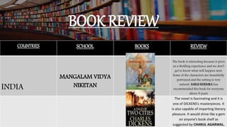 BOOK REVIEW
COUNTRIES SCHOOL BOOKS REVIEW
INDIA
MANGALAM VIDYA
NIKETAN
The book is interesting because it gives
us a thrilling experience and we don’t
get to know what will happen next.
Some of the characters are beautifully
portrayed and the setting is very
natural. SARAS KHEMKA has
recommended this book for everyone
above 9 years
The novel is fascinating and it is
one of DICKENS’s masterpieces. It
is also capable of imparting literary
pleasure. It would shine like a gem
on anyone’s book shelf as
suggested by CHARUL AGARWAL.
 