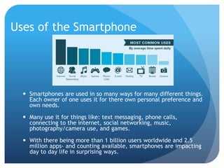 Uses of the Smartphone
 Smartphones are used in so many ways for many different things.
Each owner of one uses it for there own personal preference and
own needs.
 Many use it for things like: text messaging, phone calls,
connecting to the internet, social networking, music,
photography/camera use, and games.
 With there being more than 1 billion users worldwide and 2.5
million apps- and counting available, smartphones are impacting
day to day life in surprising ways.
 