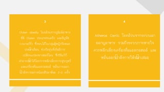 3
Gluten obesity โรคอ้วนจากภูมิแพ้อาหาร
ที่มี Gluten ประเภทขนมปัง และธัญพืช
(เบเกอร์รี่) ซึ่งพบได้ในกลุ่มผู้หญิงวัยหมด
ประจาเดือน ช่วงวัยรุ่นที่เริ่มมีการ
เปลี่ยนแปลงทางฮอร์โมน ซึ่งวิธีแก้ก็
สามารถทาได้โดยการหลีกเลี่ยงการสูบบุหรี่
และเครื่องดื่มแอลกอฮอล์ หมั่นการออก
กาลังกายอย่างน้อยสัปดาห์ละ 2-3 ครัง
4
Atheros Genic โรคอ้วนจากระบบเผา
ผลาญอาหาร รวมถึงระบบการหายใจ
ควรหลีกเลี่ยงเครื่องดื่มแอลกอฮอล์ และ
หมั่นออกกาลังกายให้สม่าเสมอ
 