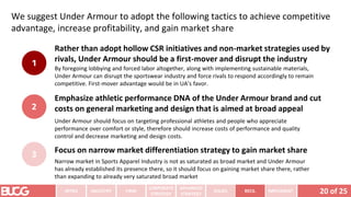 We suggest Under Armour to adopt the following tactics to achieve competitive
advantage, increase profitability, and gain market share
Rather than adopt hollow CSR initiatives and non-market strategies used by
rivals, Under Armour should be a first-mover and disrupt the industry
By foregoing lobbying and forced labor altogether, along with implementing sustainable materials,
Under Armour can disrupt the sportswear industry and force rivals to respond accordingly to remain
competitive. First-mover advantage would be in UA’s favor.
20 of 25
INTRO INDUSTRY
CORPORATE
STRATEGY
ADVANCED
STRATEGY
ISSUES IMPLEMENT
FIRM RECS.
Emphasize athletic performance DNA of the Under Armour brand and cut
costs on general marketing and design that is aimed at broad appeal
Under Armour should focus on targeting professional athletes and people who appreciate
performance over comfort or style, therefore should increase costs of performance and quality
control and decrease marketing and design costs.
Focus on narrow market differentiation strategy to gain market share
Narrow market in Sports Apparel Industry is not as saturated as broad market and Under Armour
has already established its presence there, so it should focus on gaining market share there, rather
than expanding to already very saturated broad market
1
2
3
 