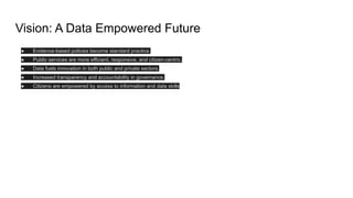 Vision: A Data Empowered Future
● Evidence-based policies become standard practice.
● Public services are more efficient, responsive, and citizen-centric.
● Data fuels innovation in both public and private sectors.
● Increased transparency and accountability in governance.
● Citizens are empowered by access to information and data skills
 