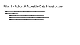 Pillar 1 - Robust & Accesible Data Infrastructure
● Policy Goal: Ensure equitable access to foundational data infrastructure.
● Key Policy Actions:
○ Expand affordable national broadband and digital connectivity.
○ Promote secure and cost-effective cloud adoption (e.g., cloud on-ramps).
○ Establish open standards for government data interoperability.
 