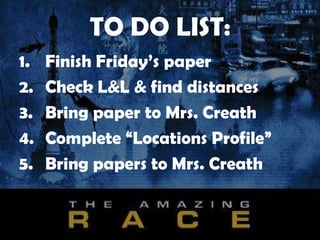 TO DO LIST:
1. Finish Friday’s paper
2. Check L&L & find distances
3. Bring paper to Mrs. Creath
4. Complete “Locations Profile”
5. Bring papers to Mrs. Creath
 