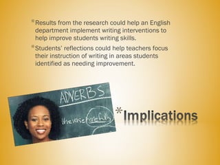*Results from the research could help an English
department implement writing interventions to
help improve students writing skills.
*Students’ reflections could help teachers focus
their instruction of writing in areas students
identified as needing improvement.
 