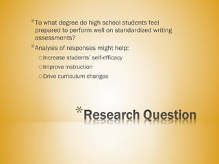 *To what degree do high school students feel
prepared to perform well on standardized writing
assessments?
*Analysis of responses might help:
oIncrease students’ self-efficacy
oImprove instruction
oDrive curriculum changes
 