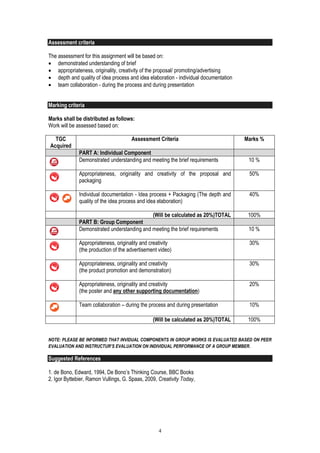 4 
Assessment criteria 
The assessment for this assignment will be based on: 
 demonstrated understanding of brief 
 appropriateness, originality, creativity of the proposal/ promoting/advertising 
 depth and quality of idea process and idea elaboration - individual documentation 
 team collaboration - during the process and during presentation 
Marking criteria 
Marks shall be distributed as follows: 
Work will be assessed based on: 
TGC Acquired 
Assessment Criteria 
Marks % PART A: Individual Component 
Demonstrated understanding and meeting the brief requirements 
10 % 
Appropriateness, originality and creativity of the proposal and packaging 
50% 
Individual documentation - Idea process + Packaging (The depth and quality of the idea process and idea elaboration) 
40% 
(Will be calculated as 20%)TOTAL 
100% PART B: Group Component 
Demonstrated understanding and meeting the brief requirements 
10 % 
Appropriateness, originality and creativity 
(the production of the advertisement video) 
30% 
Appropriateness, originality and creativity 
(the product promotion and demonstration) 
30% 
Appropriateness, originality and creativity 
(the poster and any other supporting documentation) 
20% 
Team collaboration – during the process and during presentation 
10% 
(Will be calculated as 20%)TOTAL 
100% 
NOTE: PLEASE BE INFORMED THAT INVIDUAL COMPONENTS IN GROUP WORKS IS EVALUATED BASED ON PEER EVALUATION AND INSTRUCTUR’S EVALUATION ON INDIVIDUAL PERFORMANCE OF A GROUP MEMBER. Suggested References 
1. de Bono, Edward, 1994, De Bono’s Thinking Course, BBC Books 
2. Igor Byttebier, Ramon Vullings, G. Spaas, 2009, Creativity Today, 
