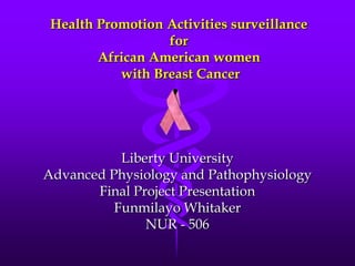 Health Promotion Activities surveillance
                  for
        African American women
           with Breast Cancer




           Liberty University
Advanced Physiology and Pathophysiology
       Final Project Presentation
          Funmilayo Whitaker
               NUR - 506
 