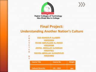 Higher Colleges of Technology
            Abu Dhabi Men’s College



                 Final Project:
Understanding Another Nation’s Culture




      Course Title          Course No.   Weight


      Cultural Diversity    LSS – 2053    30%
 
