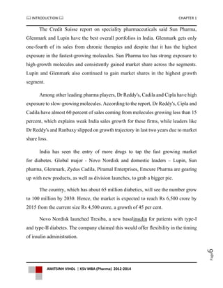  INTRODUCTION  CHAPTER 1
AMITSINH VIHOL | KSV MBA (Pharma) 2012-2014
Page6
The Credit Suisse report on speciality pharmaceuticals said Sun Pharma,
Glenmark and Lupin have the best overall portfolios in India. Glenmark gets only
one-fourth of its sales from chronic therapies and despite that it has the highest
exposure in the fastest-growing molecules. Sun Pharma too has strong exposure to
high-growth molecules and consistently gained market share across the segments.
Lupin and Glenmark also continued to gain market shares in the highest growth
segment.
Among other leading pharma players, Dr Reddy's, Cadila and Cipla have high
exposure to slow-growing molecules. According to the report, Dr Reddy's, Cipla and
Cadila have almost 60 percent of sales coming from molecules growing less than 15
percent, which explains weak India sales growth for these firms, while leaders like
Dr Reddy's and Ranbaxy slipped on growth trajectory in last two years due to market
share loss.
India has seen the entry of more drugs to tap the fast growing market
for diabetes. Global major - Novo Nordisk and domestic leaders – Lupin, Sun
pharma, Glenmark, Zydus Cadila, Piramal Enterprises, Emcure Pharma are gearing
up with new products, as well as division launches, to grab a bigger pie.
The country, which has about 65 million diabetics, will see the number grow
to 100 million by 2030. Hence, the market is expected to reach Rs 6,500 crore by
2015 from the current size Rs 4,500 crore, a growth of 45 per cent.
Novo Nordisk launched Tresiba, a new basalinsulin for patients with type-I
and type-II diabetes. The company claimed this would offer flexibility in the timing
of insulin administration.
 