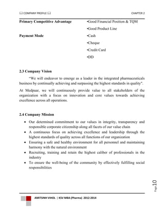  COMPANY PROFILE  CHAPTER 2
AMITSINH VIHOL | KSV MBA (Pharma) 2012-2014
Page10
Primary Competitive Advantage •Good Financial Position & TQM
•Good Product Line
Payment Mode •Cash
•Cheque
•Credit Card
•DD
2.3 Company Vision
“We will endeavor to emerge as a leader in the integrated pharmaceuticals
business by continually achieving and surpassing the highest standards in quality".
At Medpaar, we will continuously provide value to all stakeholders of the
organization with a focus on innovation and core values towards achieving
excellence across all operations.
2.4 Company Mission
 Our determined commitment to our values in integrity, transparency and
responsible corporate citizenship along all facets of our value chain
 A continuous focus on achieving excellence and leadership through the
highest standards of quality across all functions of our organization
 Ensuring a safe and healthy environment for all personnel and maintaining
harmony with the natural environment
 Recruiting, training and retain the highest caliber of professionals in the
industry
 To ensure the well-being of the community by effectively fulfilling social
responsibilities
 